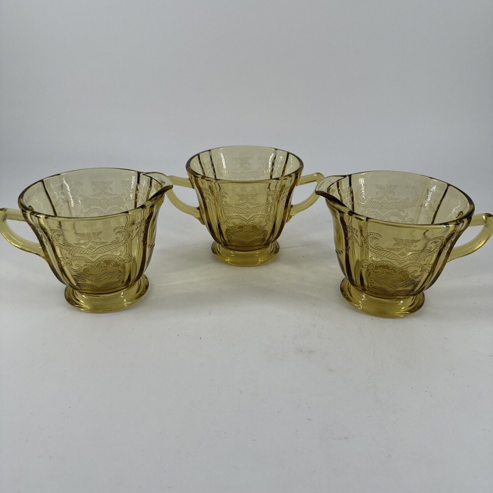Creamer‎ & Bowls 3 Total 1930s Federal Depression Glass Madrid Pattern Amber VTG